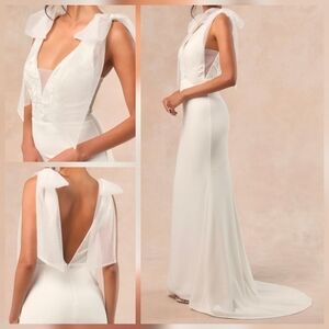 Lulus Desiree White Tie-Strap Jacquard Mermaid Maxi Dress Wedding Gown, Large